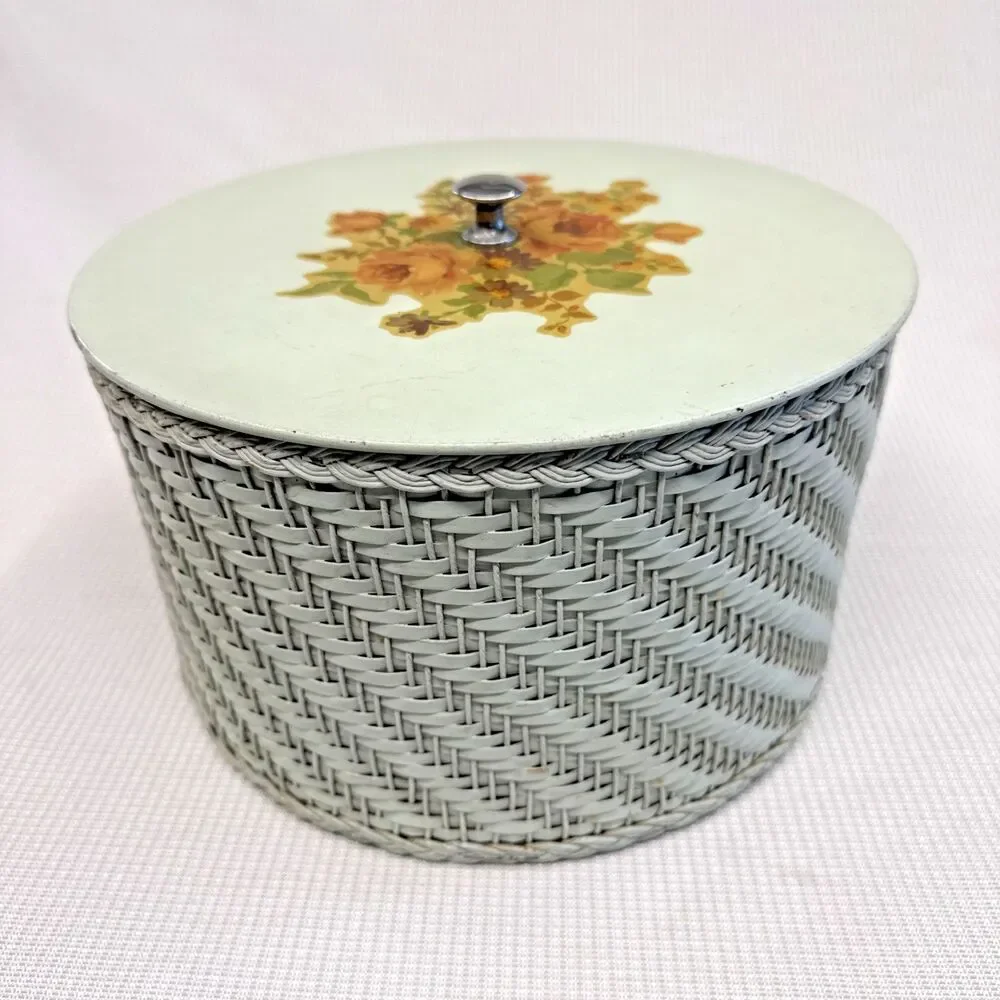 Vintage Wicker Sewing Basket filled with crafts & accessories! Mint Green Harvey